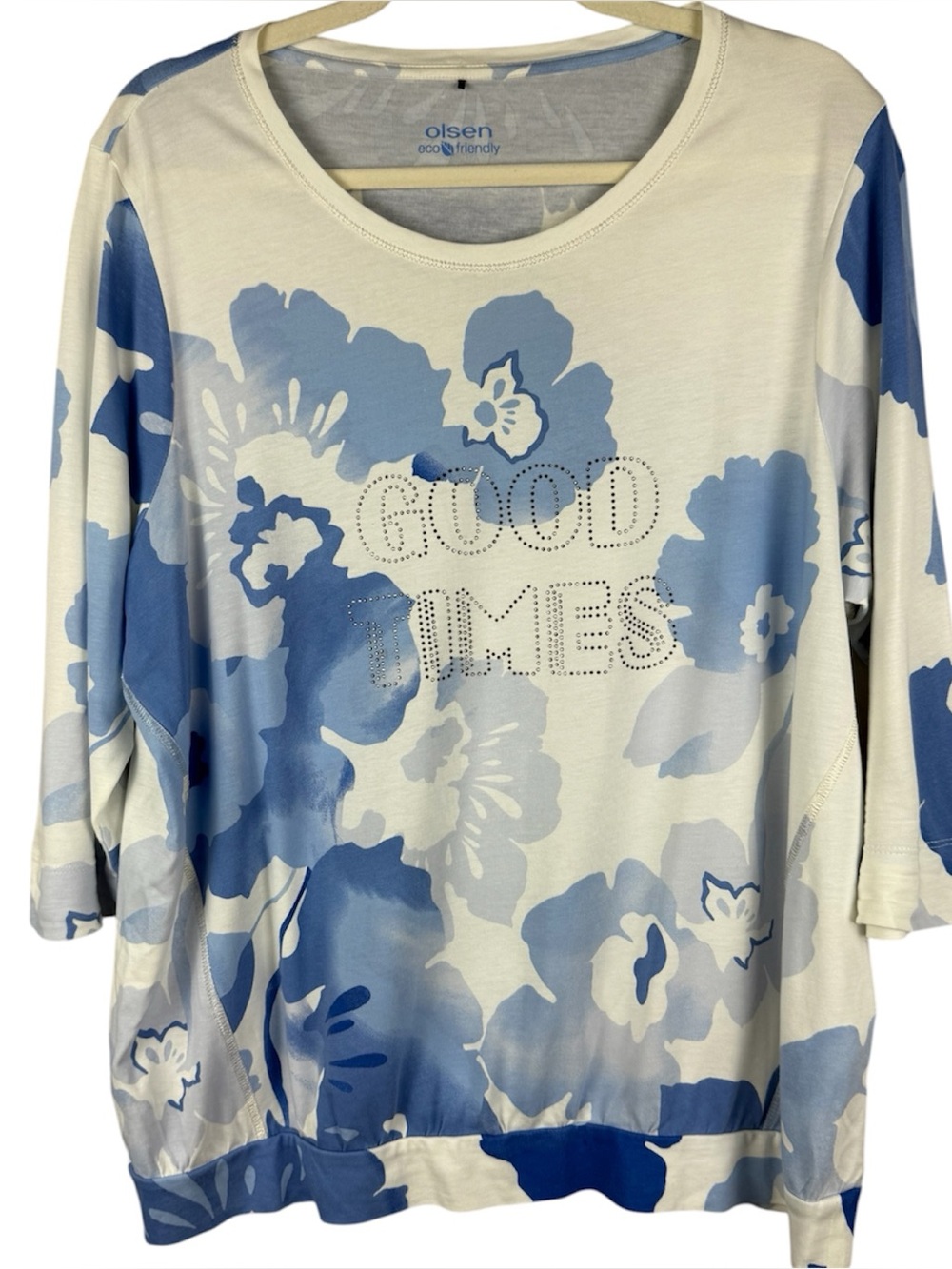 Olsen Europe Clara Jersey Floral Top Blue White Rhinestone Good Times Size L 14
